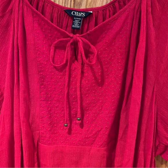 Chaps by Ralph Lauren Eyelet Tassle Tie Puff-Sleeve Peasant Top in Yacht Red XL - Picture 8 of 15